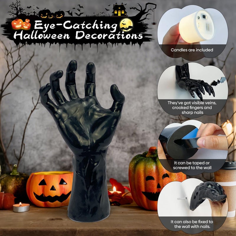 wxnlo Halloween Decor Indoor, 4 Packs Creepy Reaching Hands with LED Candles, Life-Sized Gothic Wall Decor for Horror, Spooky Halloween Decorations for Home, Party, Goth & Dark Academia Style - Image 2